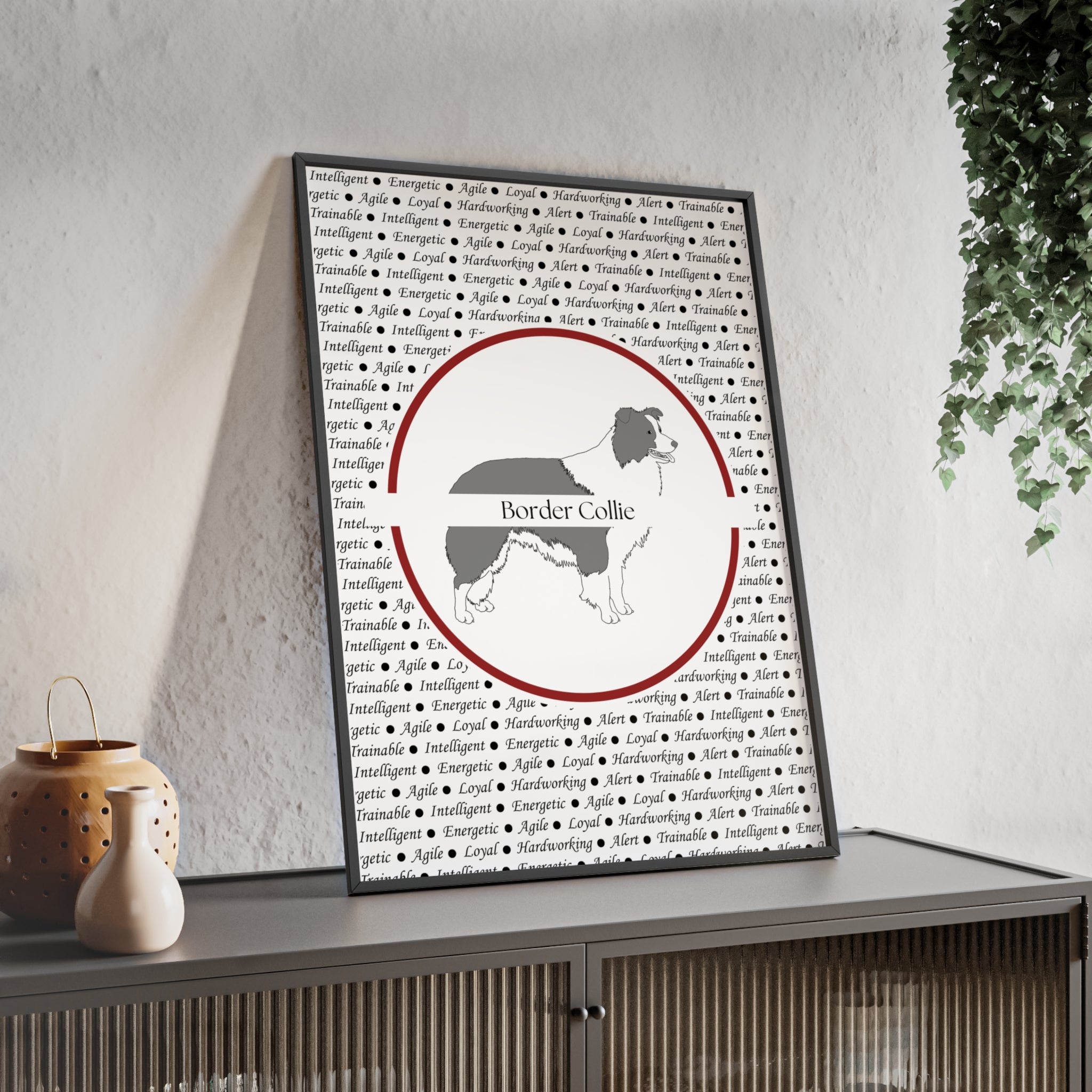 Poster i träram (tavla) med Border Collie-motiv