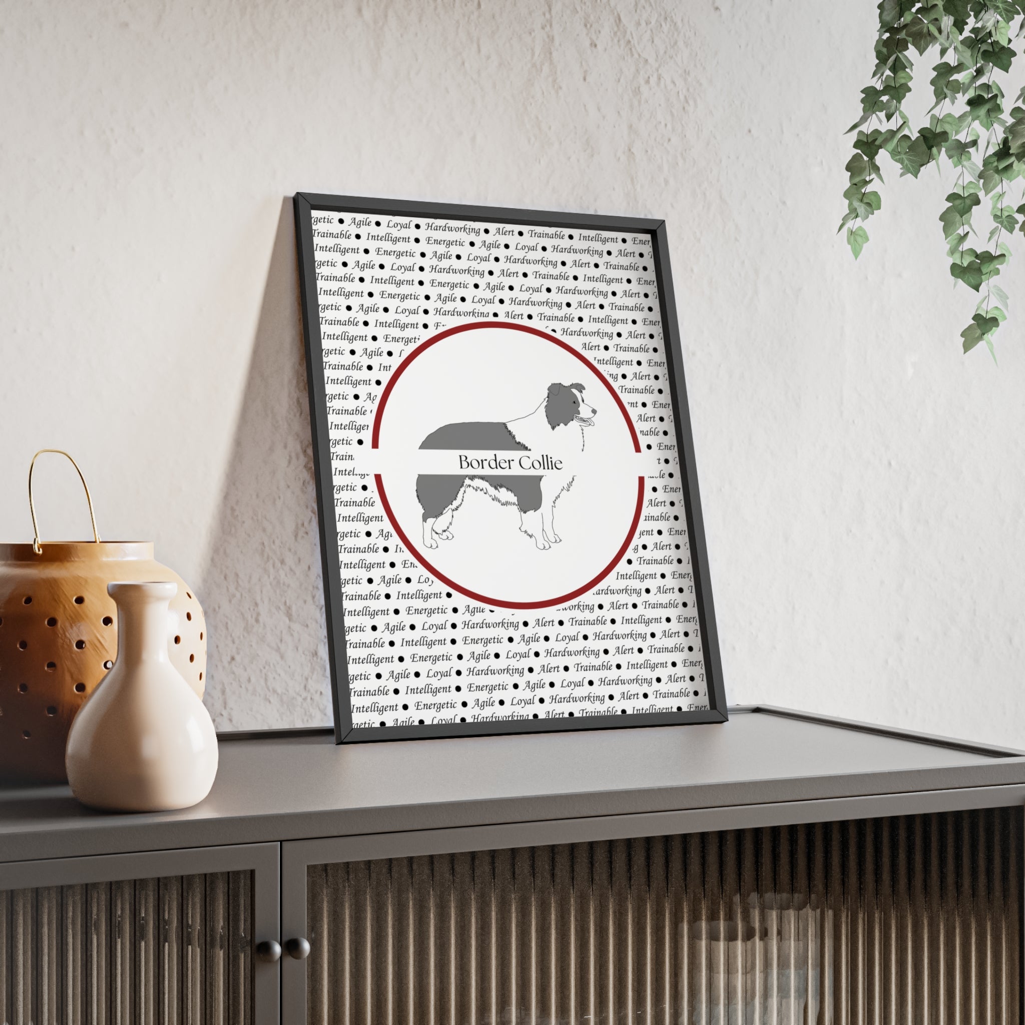 Poster i träram (tavla) med Border Collie-motiv